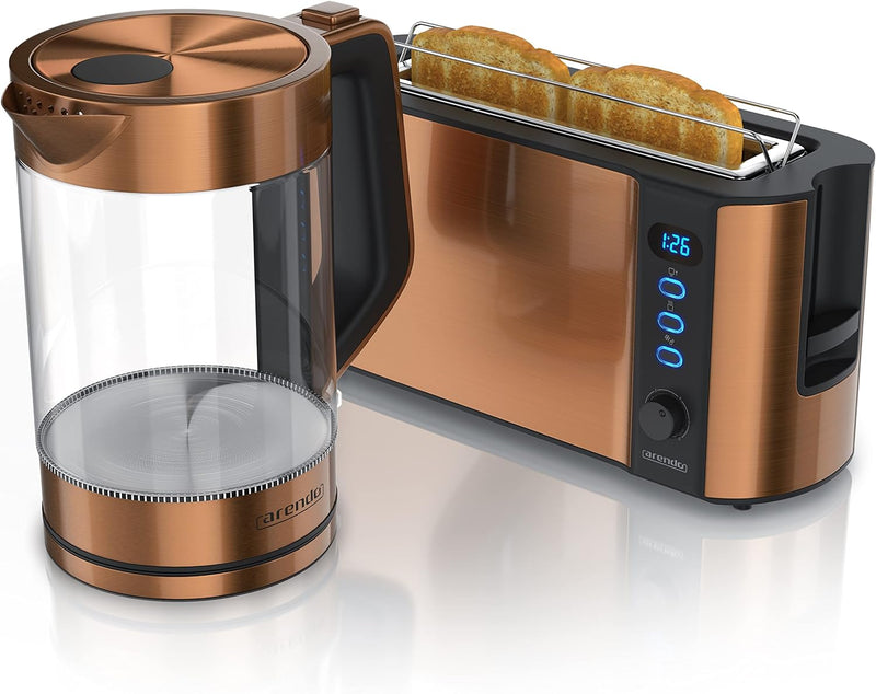 Arendo - Wasserkocher und Toaster im SET Edelstahl Kupfer, Wasserkocher 1,7L 2200W Warmhaltefunktion
