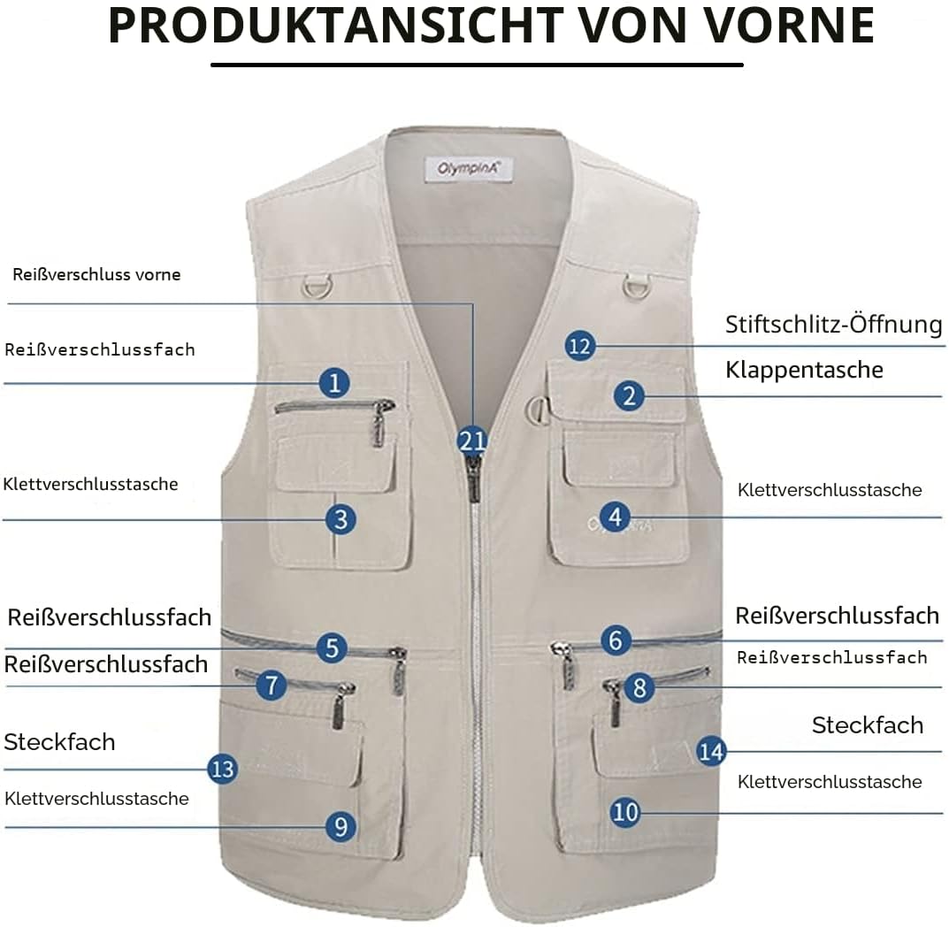 Herren Leichte Freizeitweste, Outdoor, Herren, mehrere Taschen, Weste, Casual, Sportjacke, Journalis