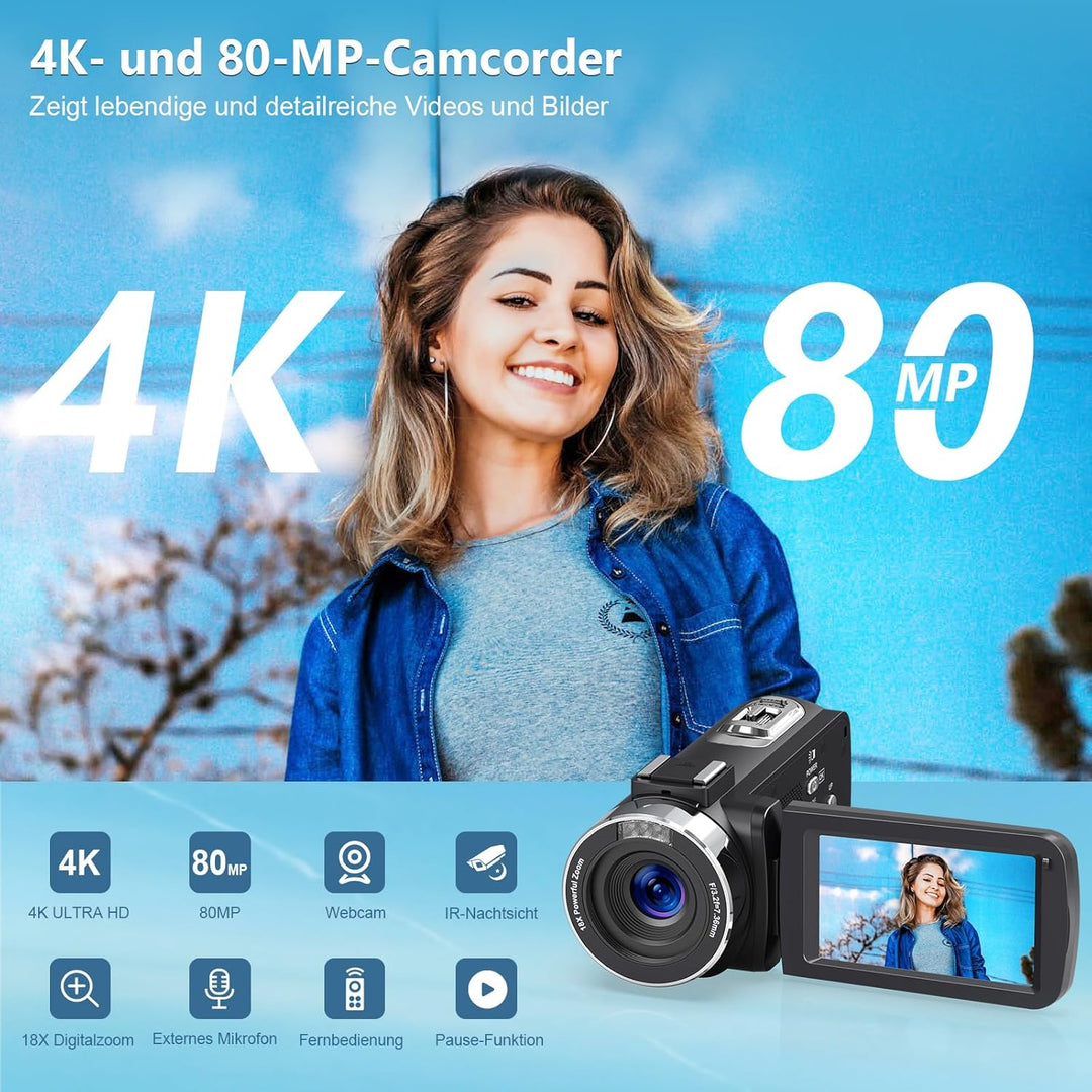 Videokamera 4K 80MP Camcorder für YouTube,30FPS Webcam IR Nachtsicht Vlogging Kamera,18X Digitalzoom