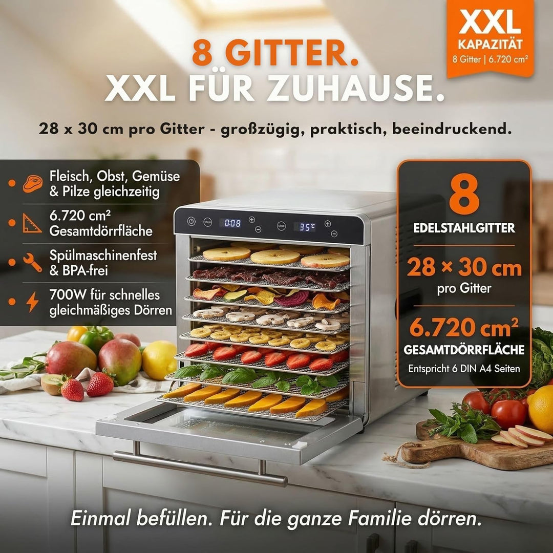 Sommertal Dörrautomat Silence 700 XXL inkl. 8 Edelstahl Dörrgitter, LED-Display, 24h Timer, Temperat