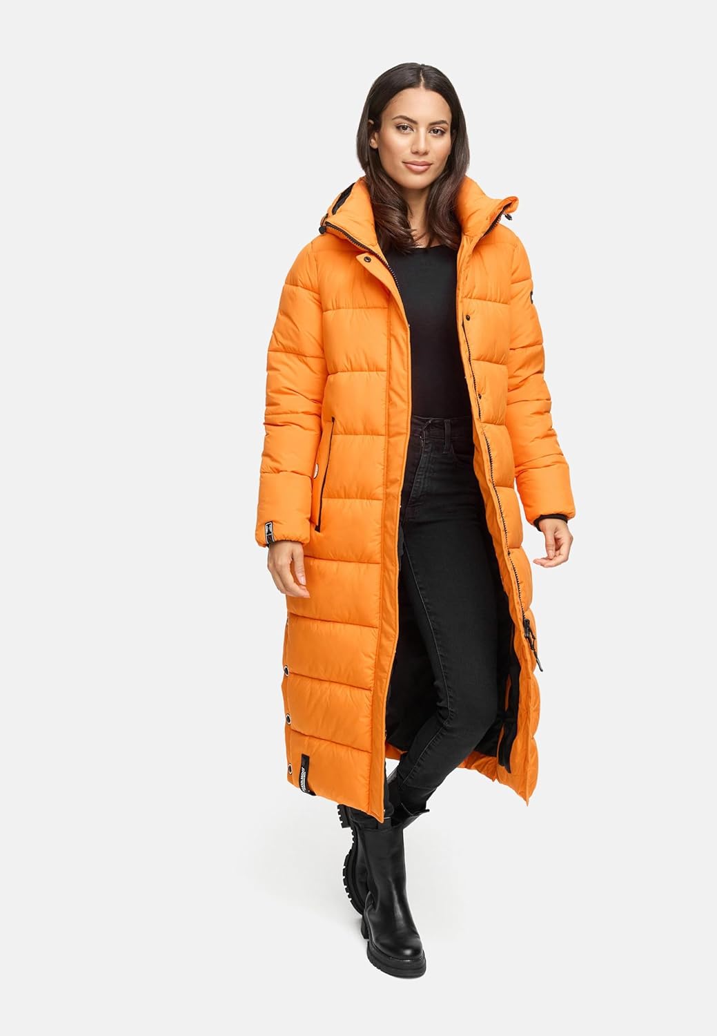 Navahoo Damen Wintermantel Warmer Steppmantel lang mit Abnehmbarer Kapuze Isalie XS-3XL XS Orange, X