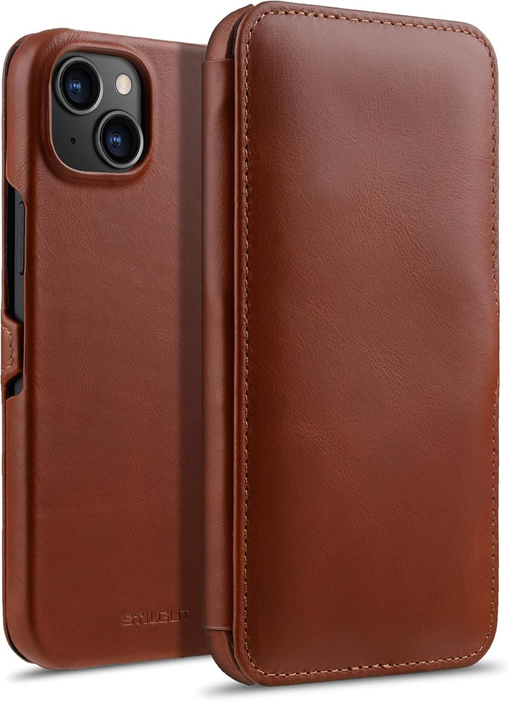 STILGUT Book Case kompatibel mit iPhone 14 Plus (6.7") Hülle aus Leder mit Clip-Verschluss, Klapphül