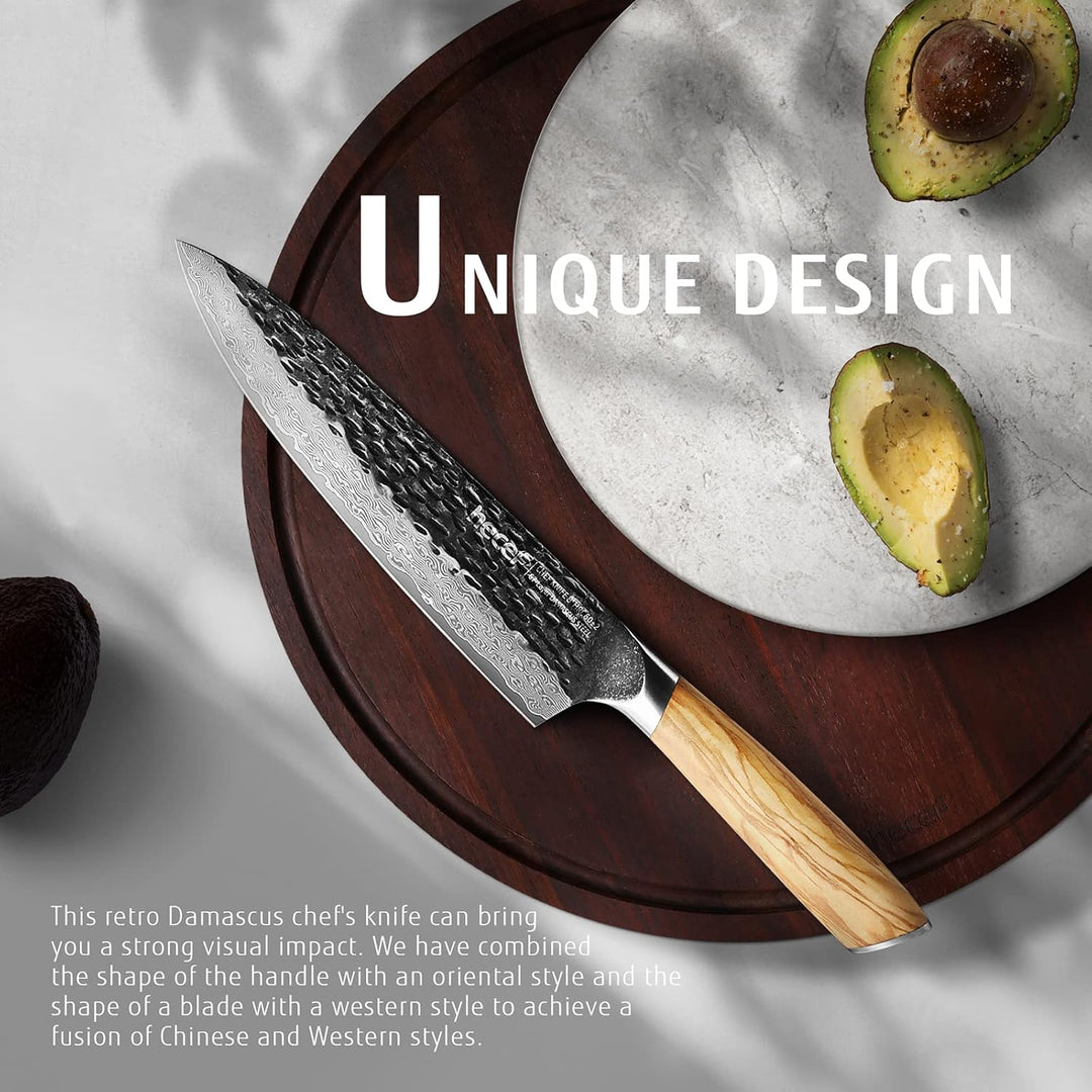 hecef Damastmesser Kochmesser 20CM, Profi Küchenmesser Chefmesser, Ultrascharfer Japanisches Messer,
