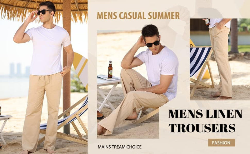 CTU Herren-Leinenhose, lässig, leicht, elastisch, Sommer, Strand, lockere Hose, Grösse S-3XL S Grau,