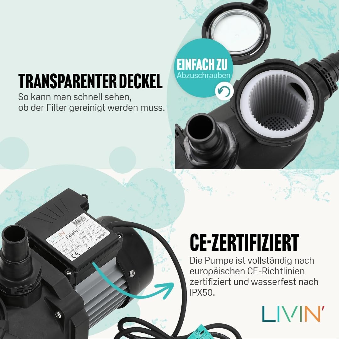 LIVIN' Poolpumpe 250W - Schwimmbad Schmutzwasserpumpe Poolfilter LIV425RCD im Pool Zubehör mit hoch