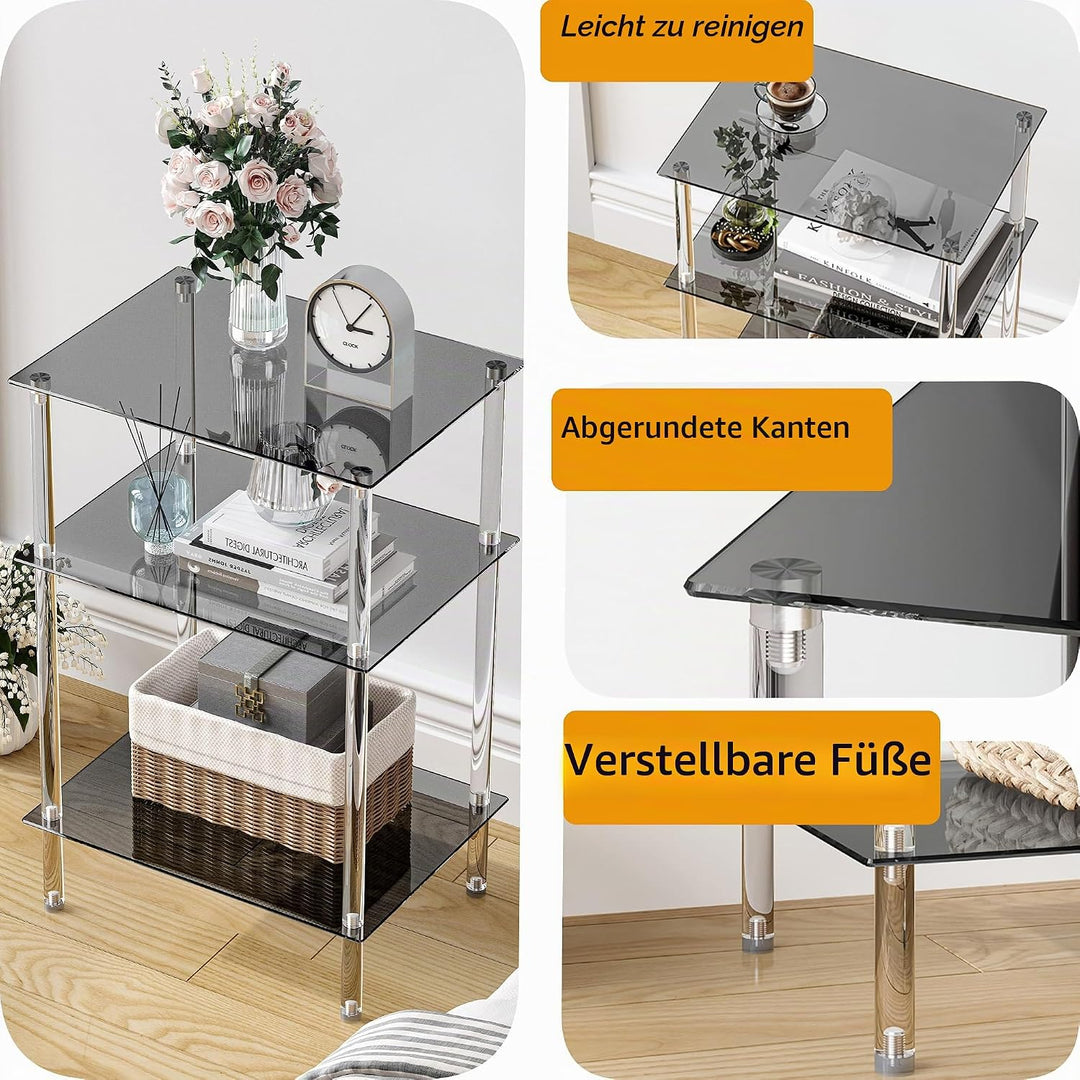 Moderner Beistelltisch Glas Eckig Transparenter Tisch mit 3 Ablagen Nachttisch Glastisch Side Table