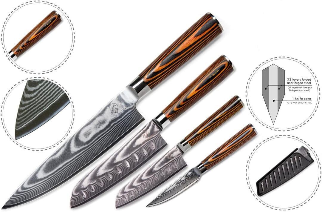 Wolfblood Damastmesser-Set 4er (32cm, 30cm, 24cm und 20cm) Profi-Damast-Küchenmesser Set aus 67 Lage