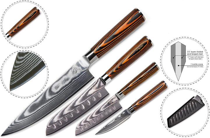 Wolfblood Damastmesser-Set 4er (32cm, 30cm, 24cm und 20cm) Profi-Damast-Küchenmesser Set aus 67 Lage