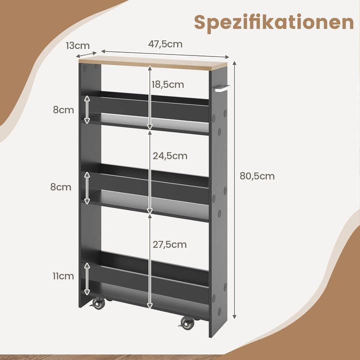 FANTASK Küchenwagen schmal auf Rollen, Nischenregal 13cm breit, 4 Etagen Servierwagen, Nischenwagen