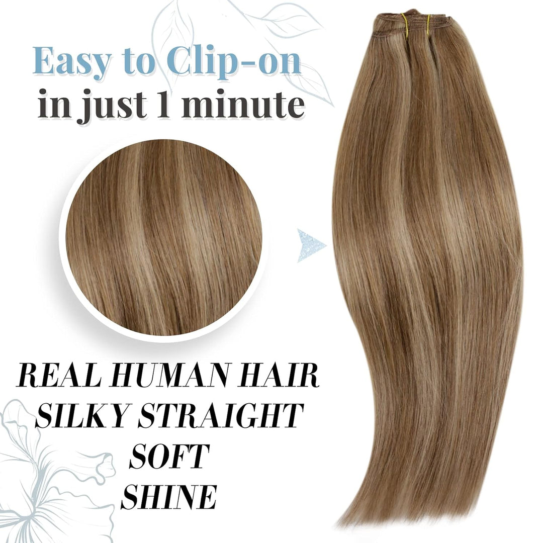 RUNATURE Blond Clip Extensions Echthaar Dunkelblond mit Goldblond Glatt Haar Clip in Haarextensions
