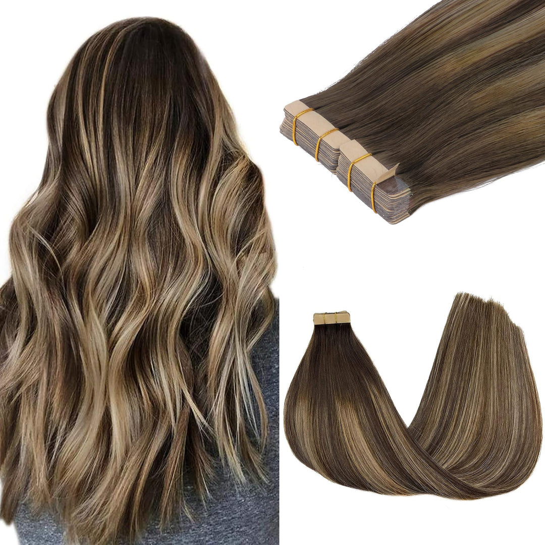 GOO GOO Tape in Extensions Echthaar, Balayage Schokoladenbraun Gemischter Honig Blond 40pcs 100g 35c