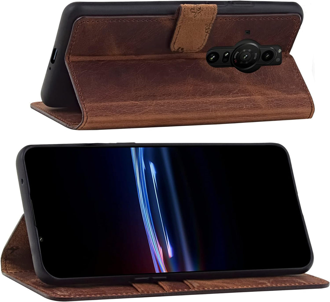Suncase Book-Style Hülle kompatibel mit Sony Xperia Pro-I Leder Tasche (Slim-Fit) Lederhülle Handyta