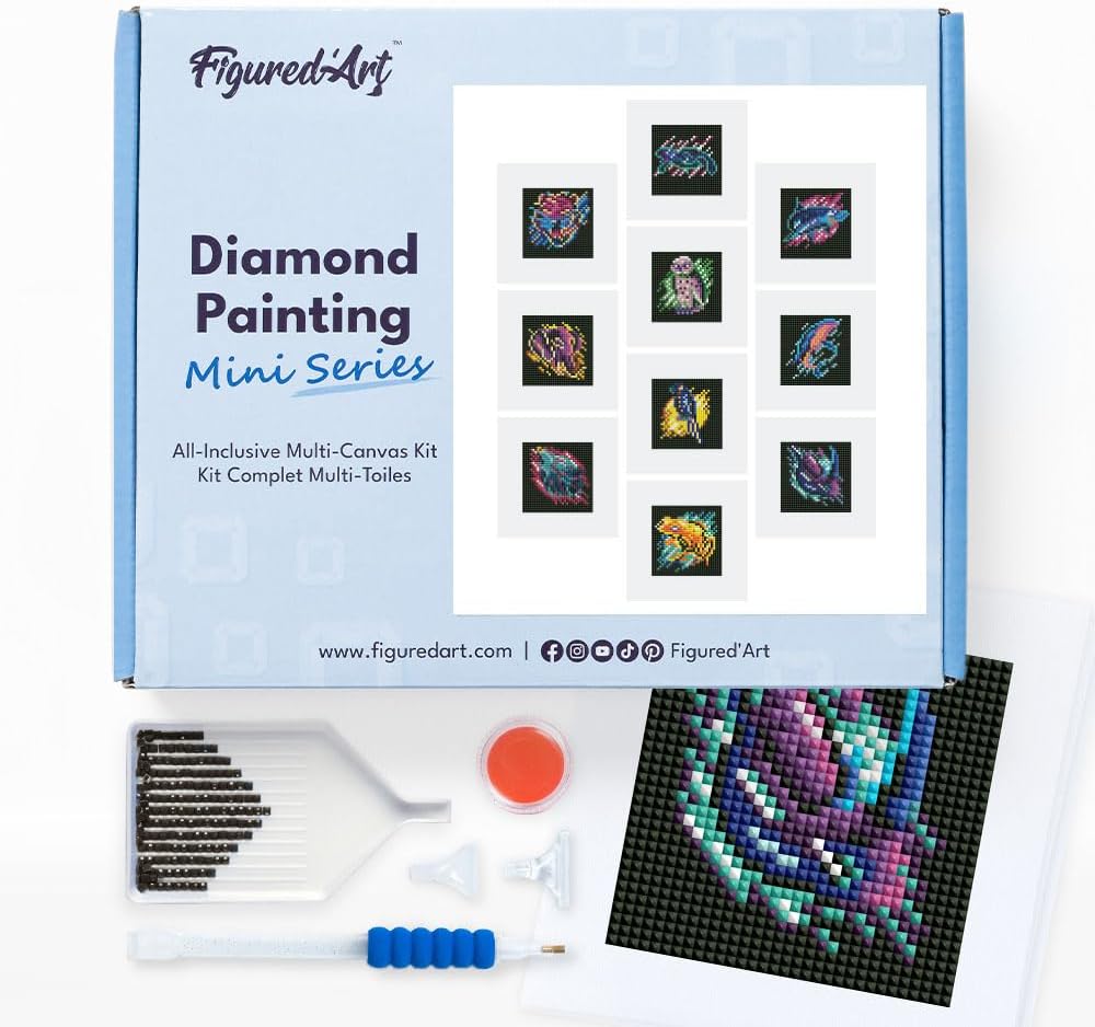 Figured'Art Mini Serie Diamond Painting Erwachsene - Tiere - Premium-Box mit 12 Stück 15x15 cm 5D Bi