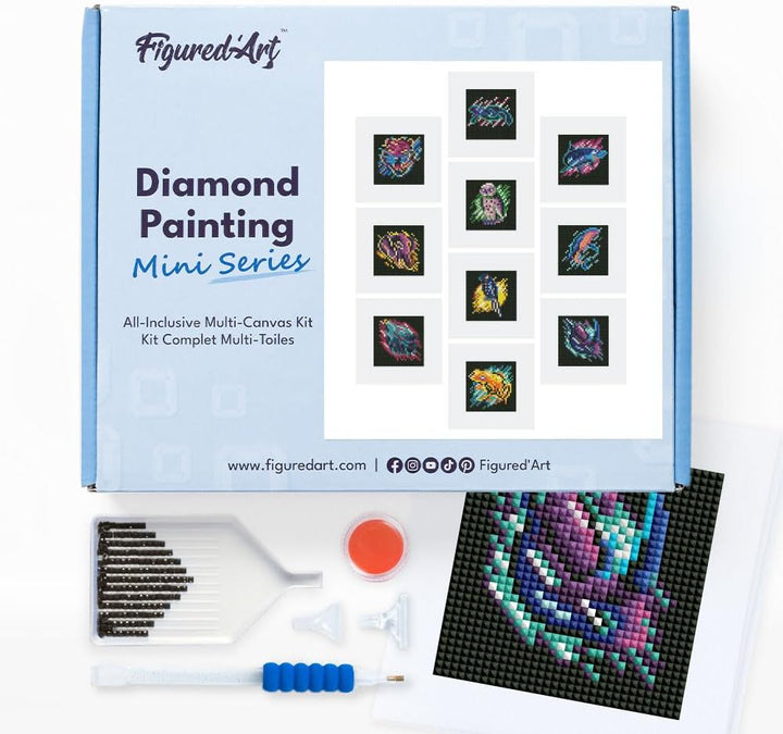 Figured'Art Mini Serie Diamond Painting Erwachsene - Tiere - Premium-Box mit 12 Stück 15x15 cm 5D Bi