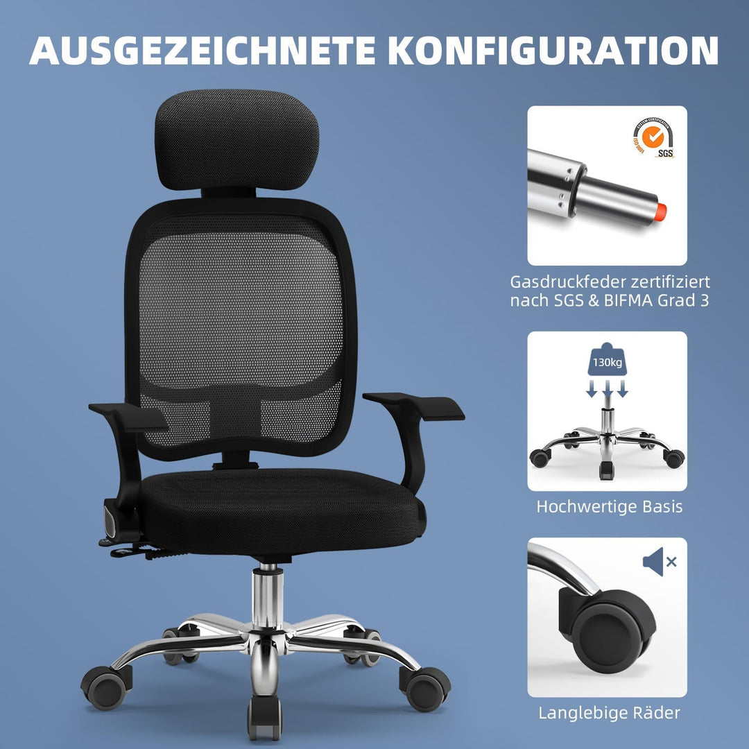 Bürostuhl, Schreibtischstuhl Bürostuhl ergonomisch, höhenverstellbare Rückenlehne, Drehstuhl mit Ver