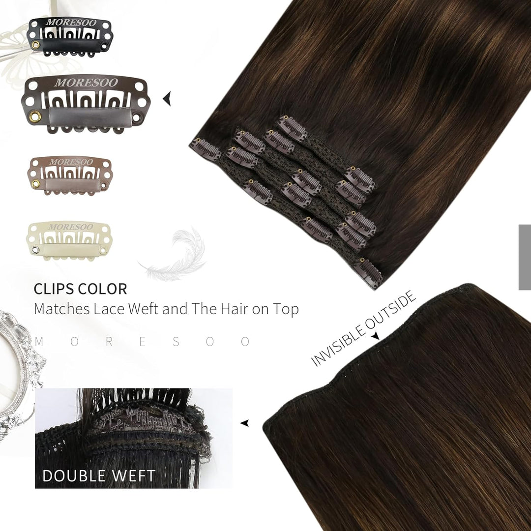 Moresoo Clip in Extensions Echthaar Balayage Remy Extensions Clip in Echthaar Dunkelstes Braun mit M