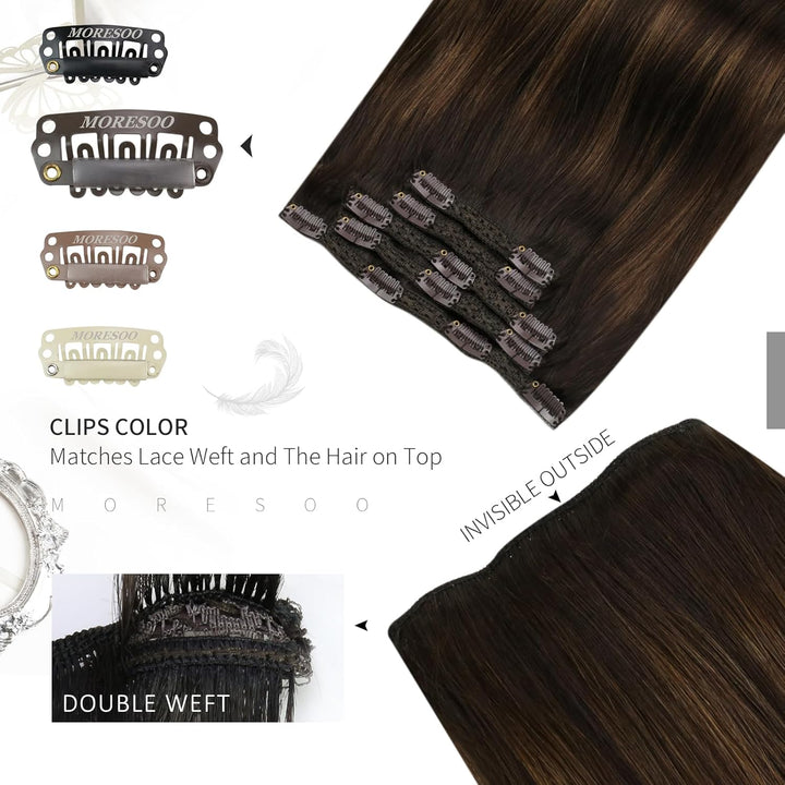 Moresoo Clip in Extensions Echthaar Balayage Remy Extensions Clip in Echthaar Dunkelstes Braun mit M