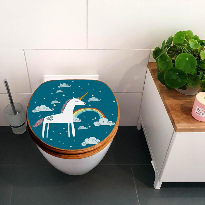 banjado® Design WC Sitz Bambus Absenkautomatik mit Motiv Einhorn/Toilettendeckel mit Absenkautomatik