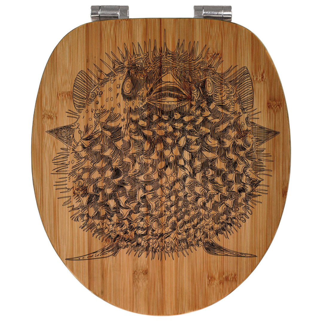 banjado® Hochwertig gravierter Design WC Sitz Bambus Absenkautomatik Kugelfisch/Toilettendeckel mit