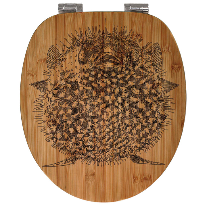 banjado® Hochwertig gravierter Design WC Sitz Bambus Absenkautomatik Kugelfisch/Toilettendeckel mit