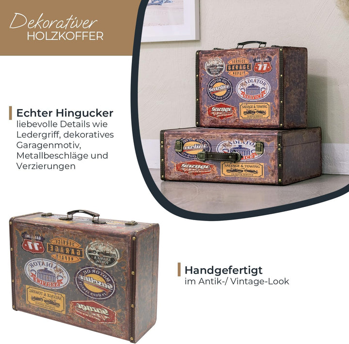 HMF VKO107 Vintage Koffer aus Holz | 44 x 32 x 16 cm | Gross | Deko Garage 44 cm Garage, 44 cm Garag
