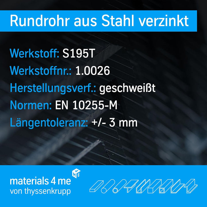 thyssenkrupp Stahlrohr verzinkt Ø 33,7 x 3,2 mm (1") in 1000 mm Länge | Rundrohr Stahl | Konstruktio