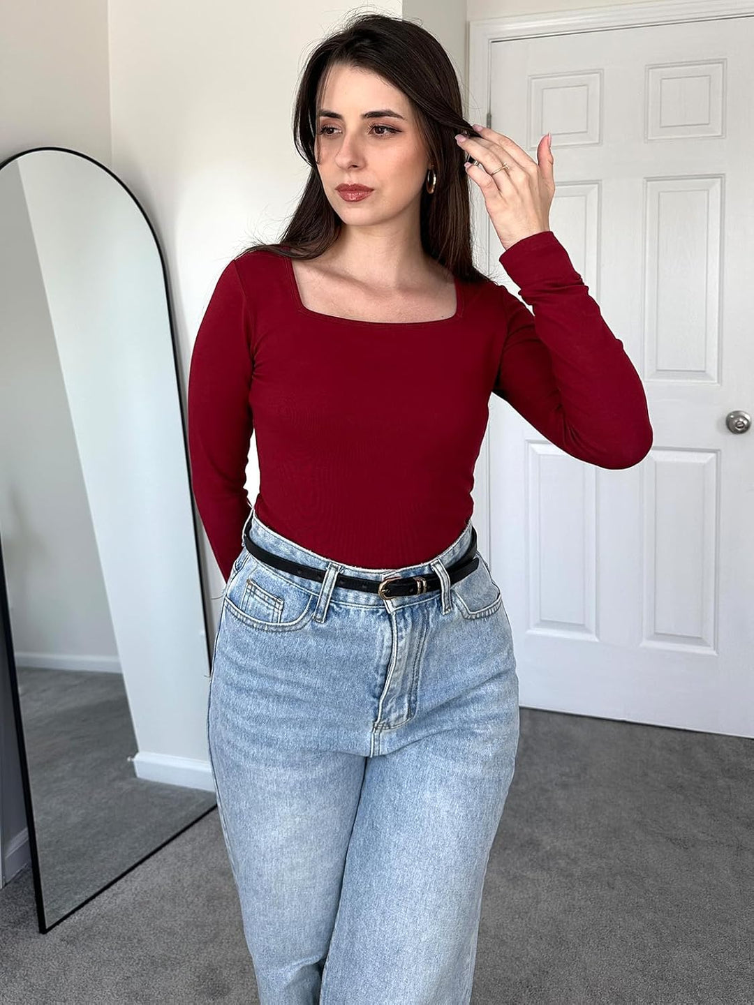 SHAPERIN Oberteile Damen Langarm Eng Langarmshirt Rundhals Einfarbige T-Shirts Lässige Blusen Top, E