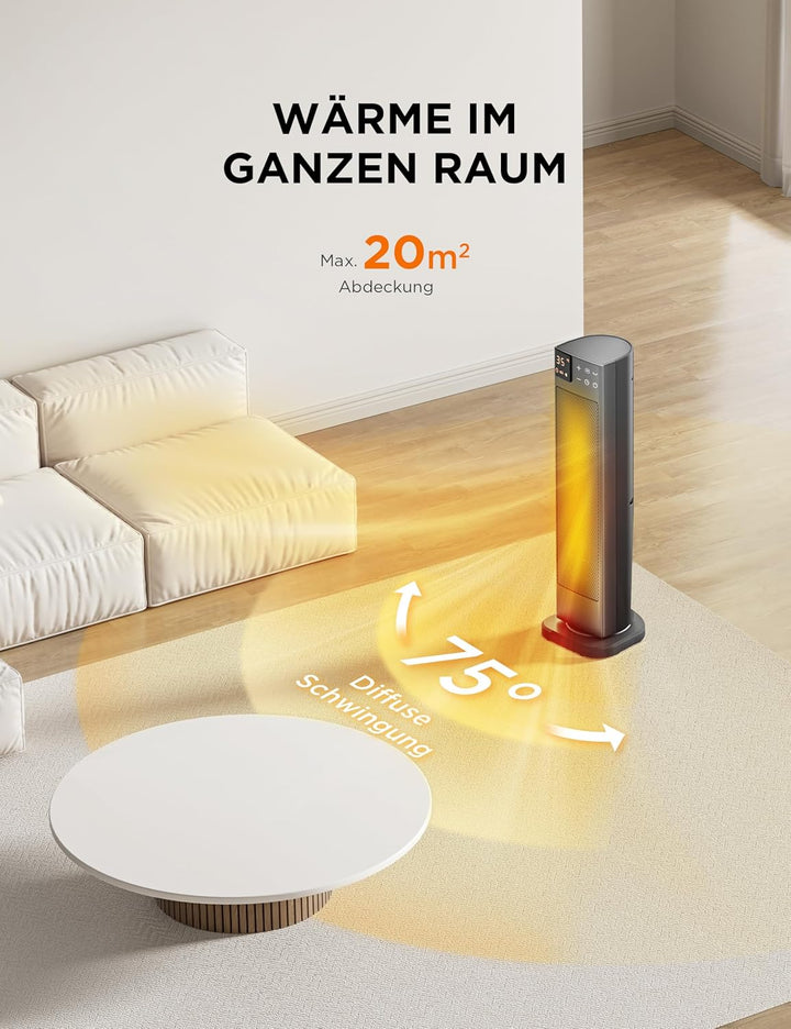 Midea NTH20-22ER(GR) Elektroheizung Keramik 2000W mit Thermostat & Fernbedienung, 58 cm, 3 Modi 24h-