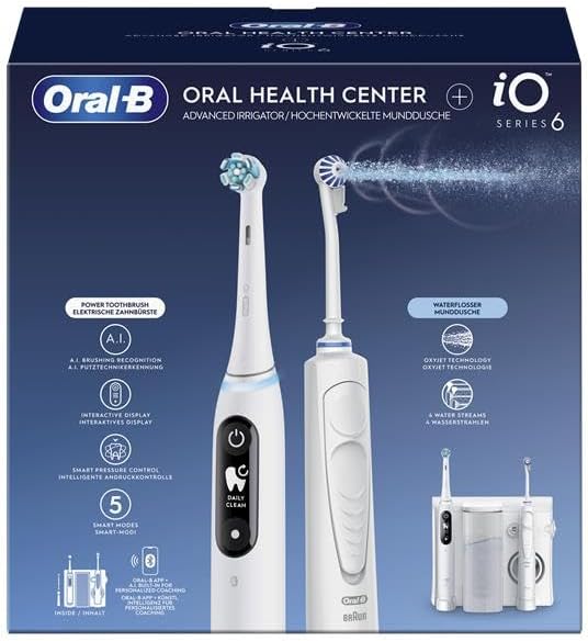 Oral-B Oral Health Center Munddusche mit Oxyjet-Technologie für Zahnreinigung, 2 Ersatzdüsen &amp; iO Se