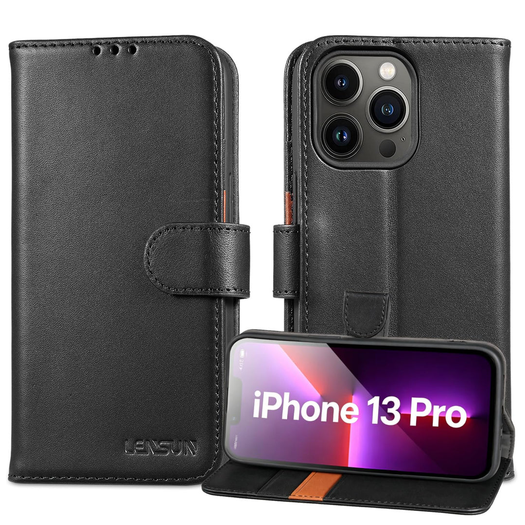 LENSUN Echtleder Hülle für iPhone 13 Pro, Handyhülle [Echtes Leder][Magnetverschluss][RFID Schutz] H