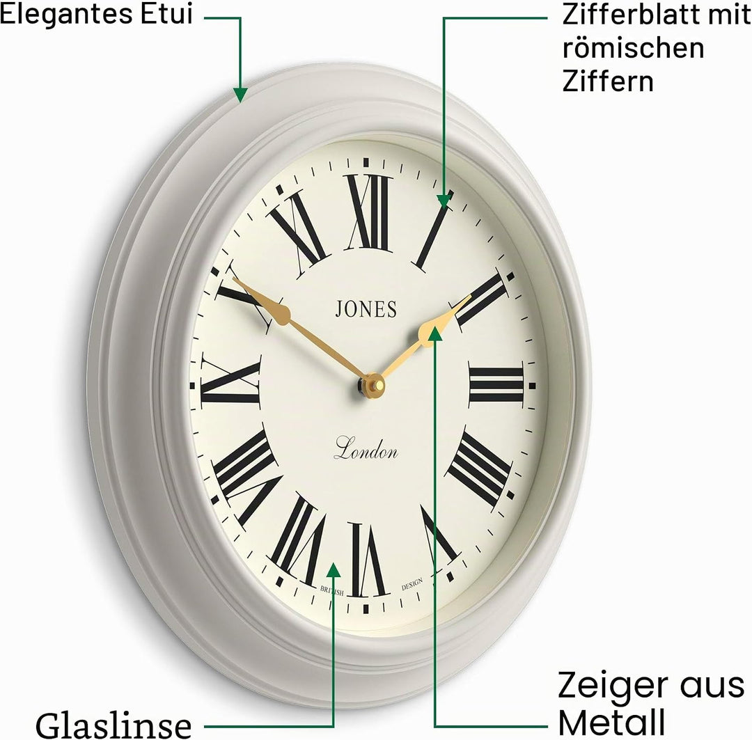 JONES CLOCKS® Supper Club wanduhr | Grosse Klassische runde Uhr | 40 cm | Sehr Blasses Grau | Römisc