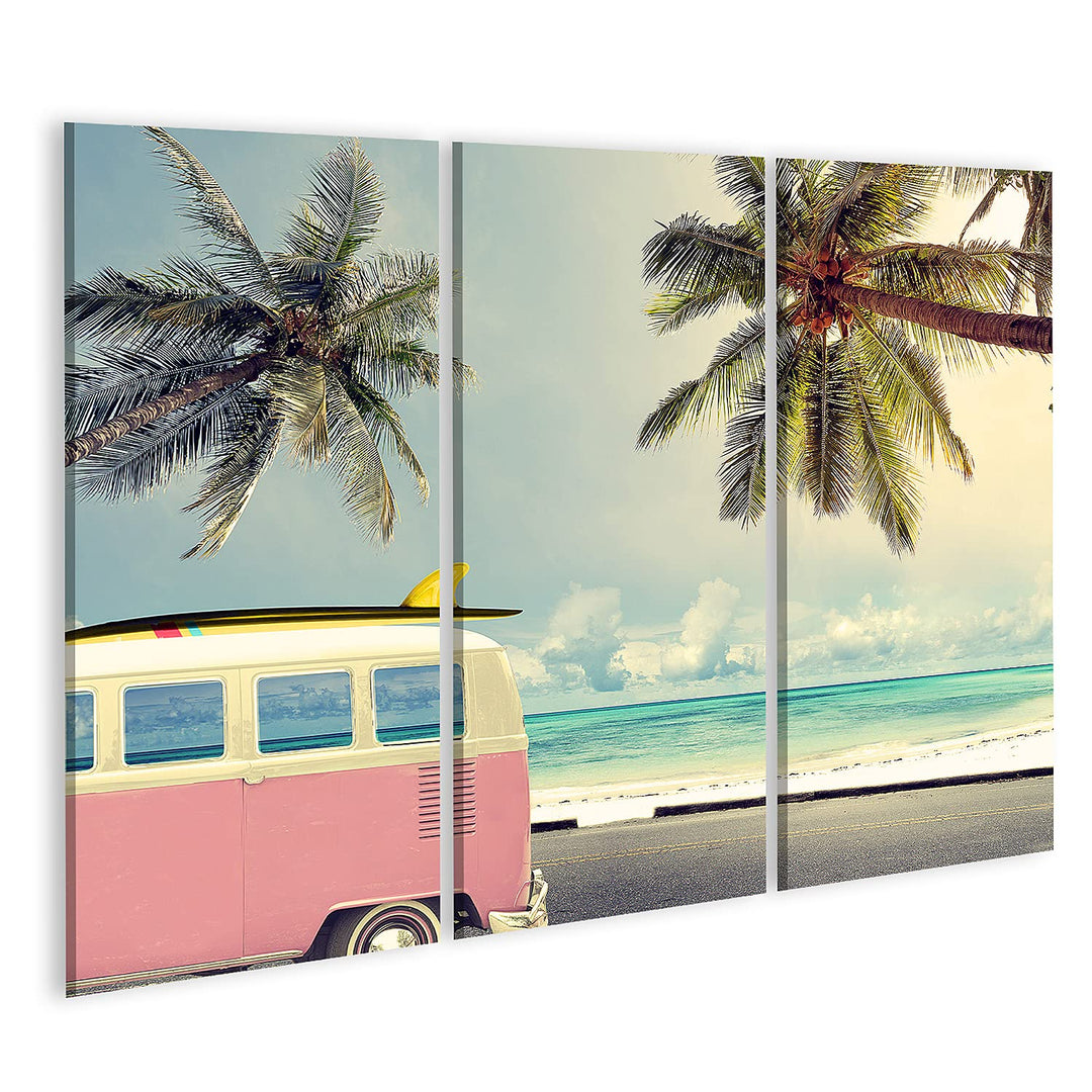 Bild auf Leinwand Oldtimer Strand Surfbrett Wandbild Poster Kunstdruck Bilder Format: 130x80cm - 3 T