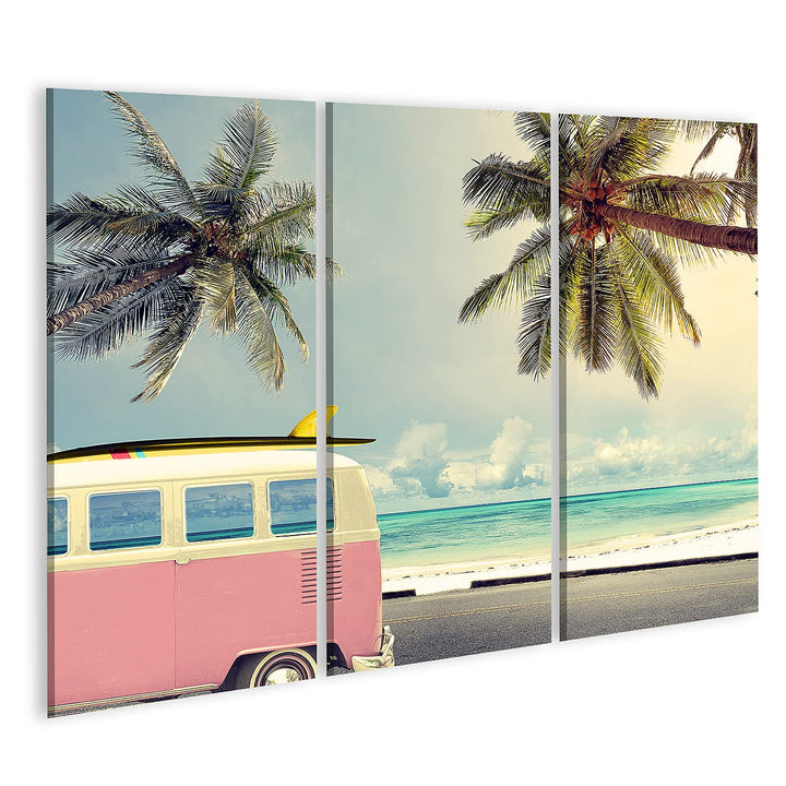 Bild auf Leinwand Oldtimer Strand Surfbrett Wandbild Poster Kunstdruck Bilder Format: 130x80cm - 3 T