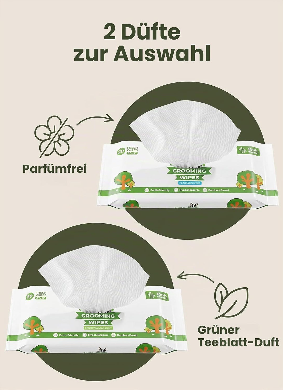 Pogi’s Feuchttücher für Hunde – Doppelpack Reisegrösse, mit Grüner-Tee-Duft, hypoallergen, mit Bambu