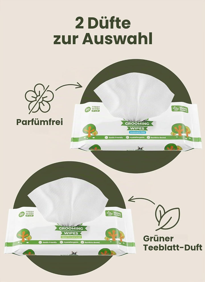 Pogi’s Feuchttücher für Hunde – Doppelpack Reisegrösse, mit Grüner-Tee-Duft, hypoallergen, mit Bambu