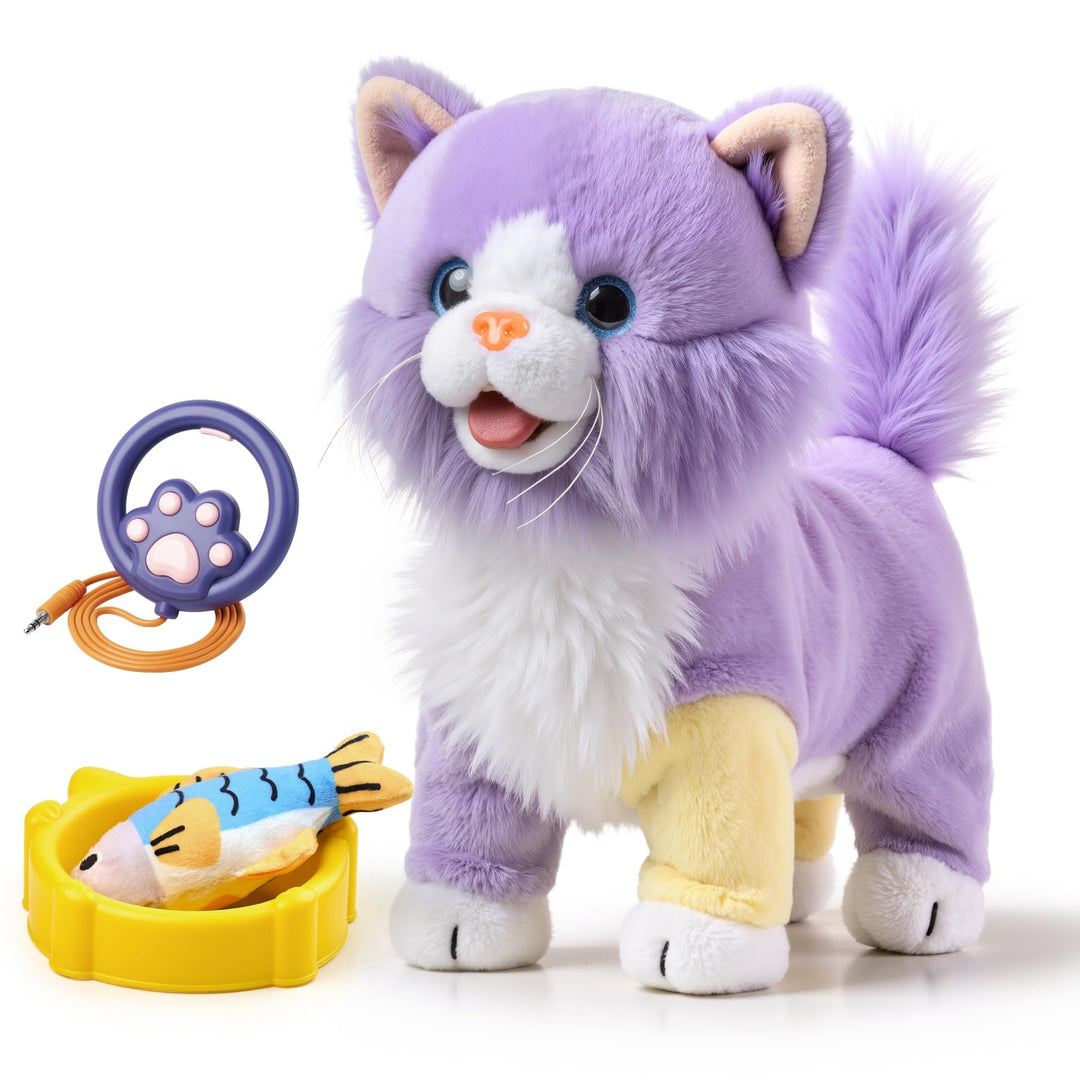 OR OR TU Spielzeug Katze die Läuft und Miaut für Kinder, Elektronische Plüschkatze mit Fernbedienung