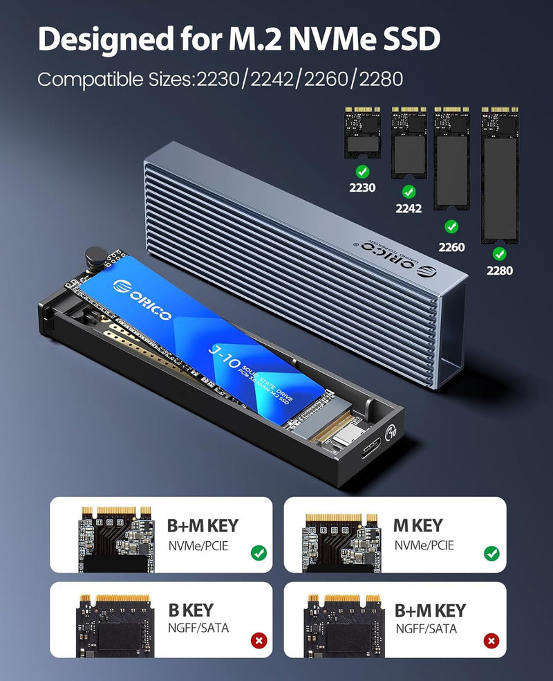 ORICO M.2 SSD Gehäuse [Werkzeuglos], NVMe Gehäuse USB 3.2 Gen2 10Gbps, M.2 SSD Gehäuse mit 2-in-1 Ka