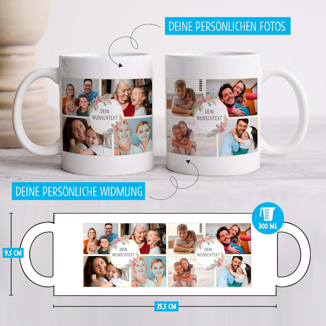 OWLBOOK® Personalisierte Tasse mit 8 Fotos & Spruch selbst gestalten | Fototasse mit eigenem Bild &