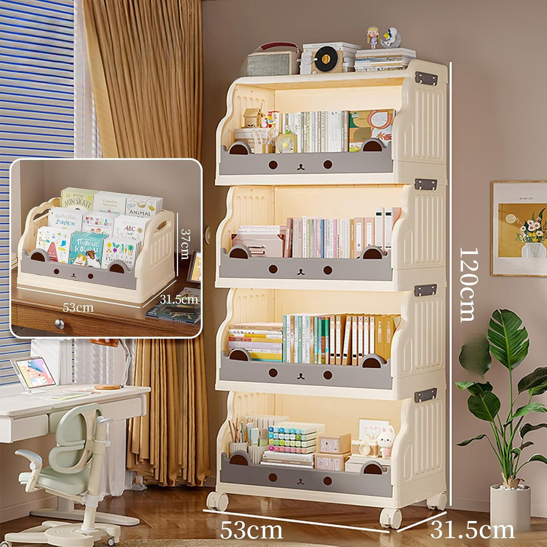 Mobiles Bücherregal Kinder mit Rollen 4 Ebenen Faltbar | Kinderregal Bücherwagen Spielzeug Regal Kin