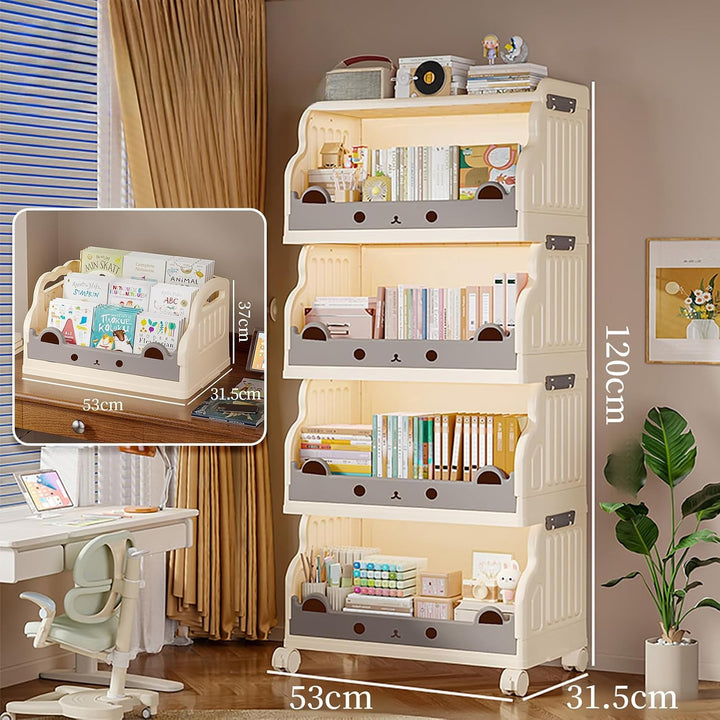 Mobiles Bücherregal Kinder mit Rollen 4 Ebenen Faltbar | Kinderregal Bücherwagen Spielzeug Regal Kin