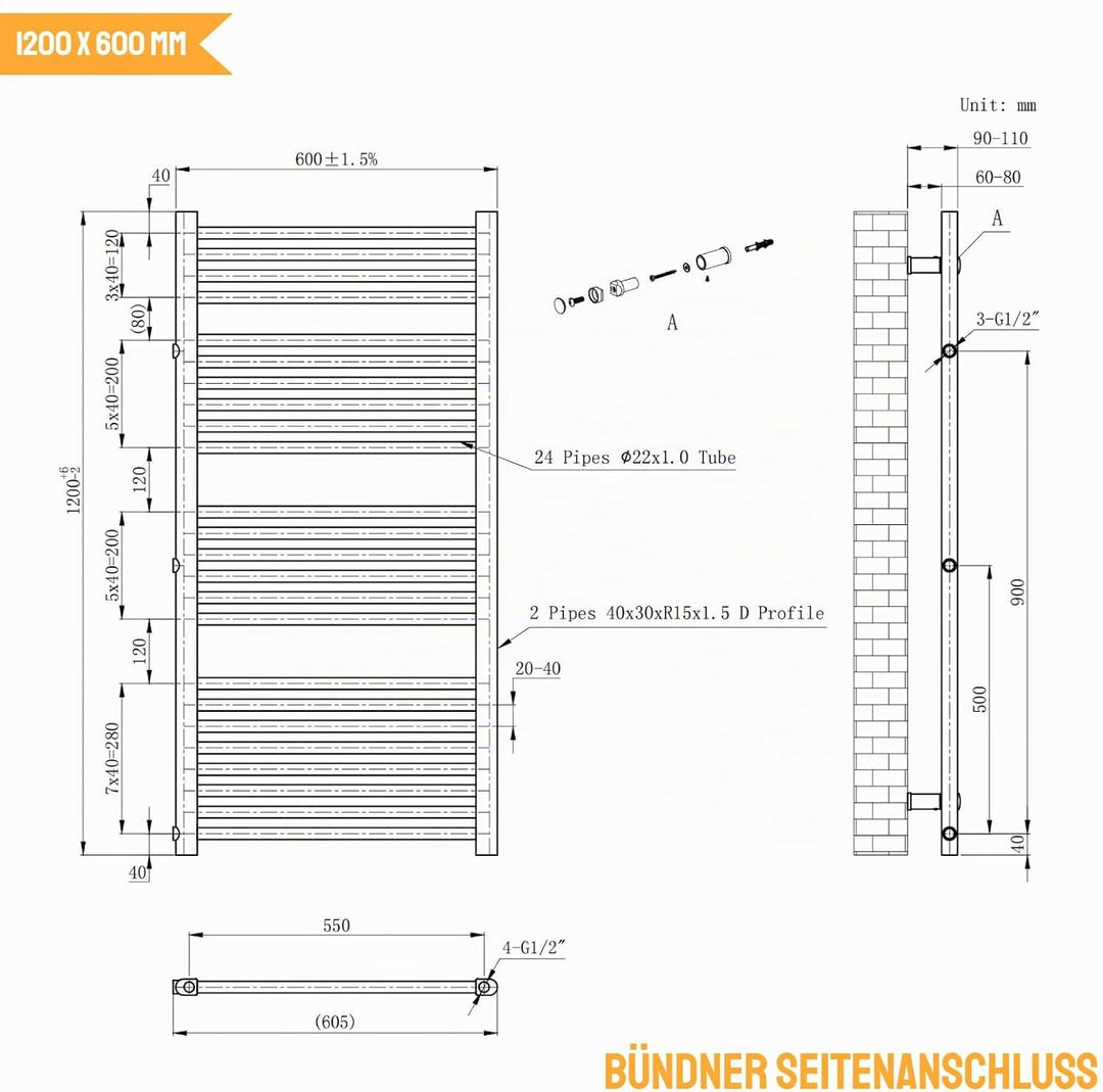 WITEN&amp;NOCK handtuchheizkörper Badheizkörper 1200x 600 mm Designheizkörper Heizkörper Seitenanschluss