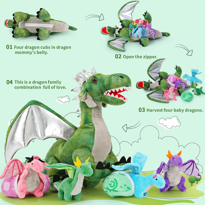 MorisMos 55cm Stehend Drache Kuscheltier mit Baby im Bauch, Grün Gross Plüschdrache Kuscheltiere XXL