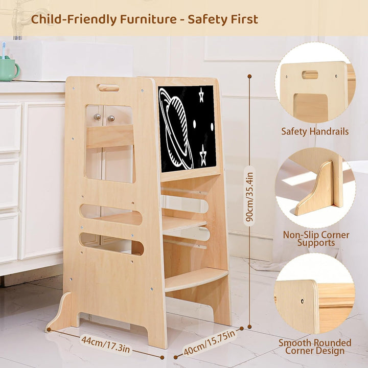 Montessori Lernturm mit Kreidetafel &amp; 3-stufig höhenverstellbar – 2-in-1 Küchenhelfer aus Holz für K