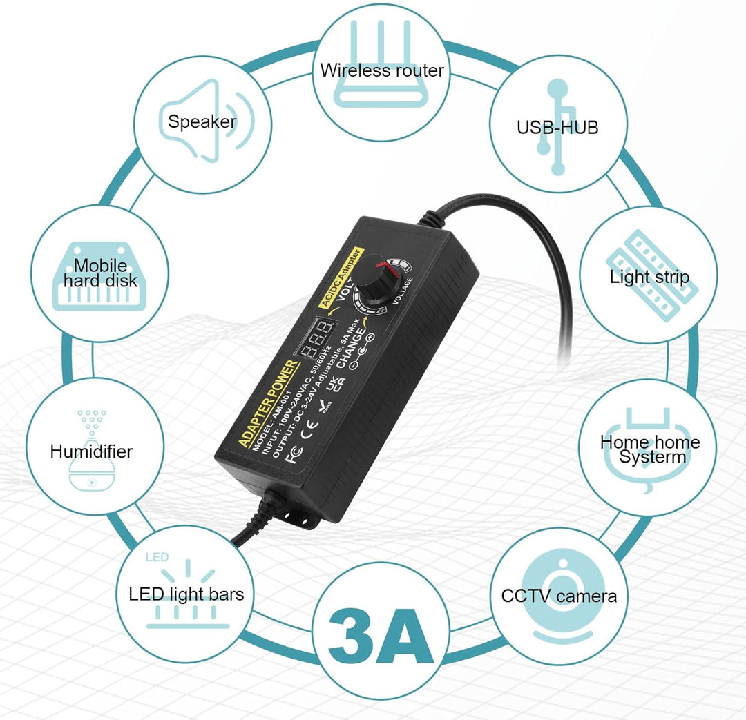 72W Universal Einstellbares Netzteil Adapter 100V-240V AC to DC 3V-24V 3A Konverter Netzteil,Einstel