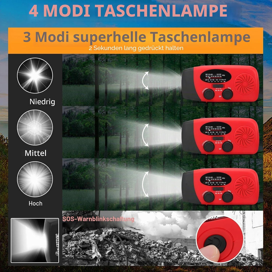 Notfall Wetterradio, Tragbares AM FM NOAA WB Radio mit 2000 mAh, Solar Handkurbel, Taschenlampe, für
