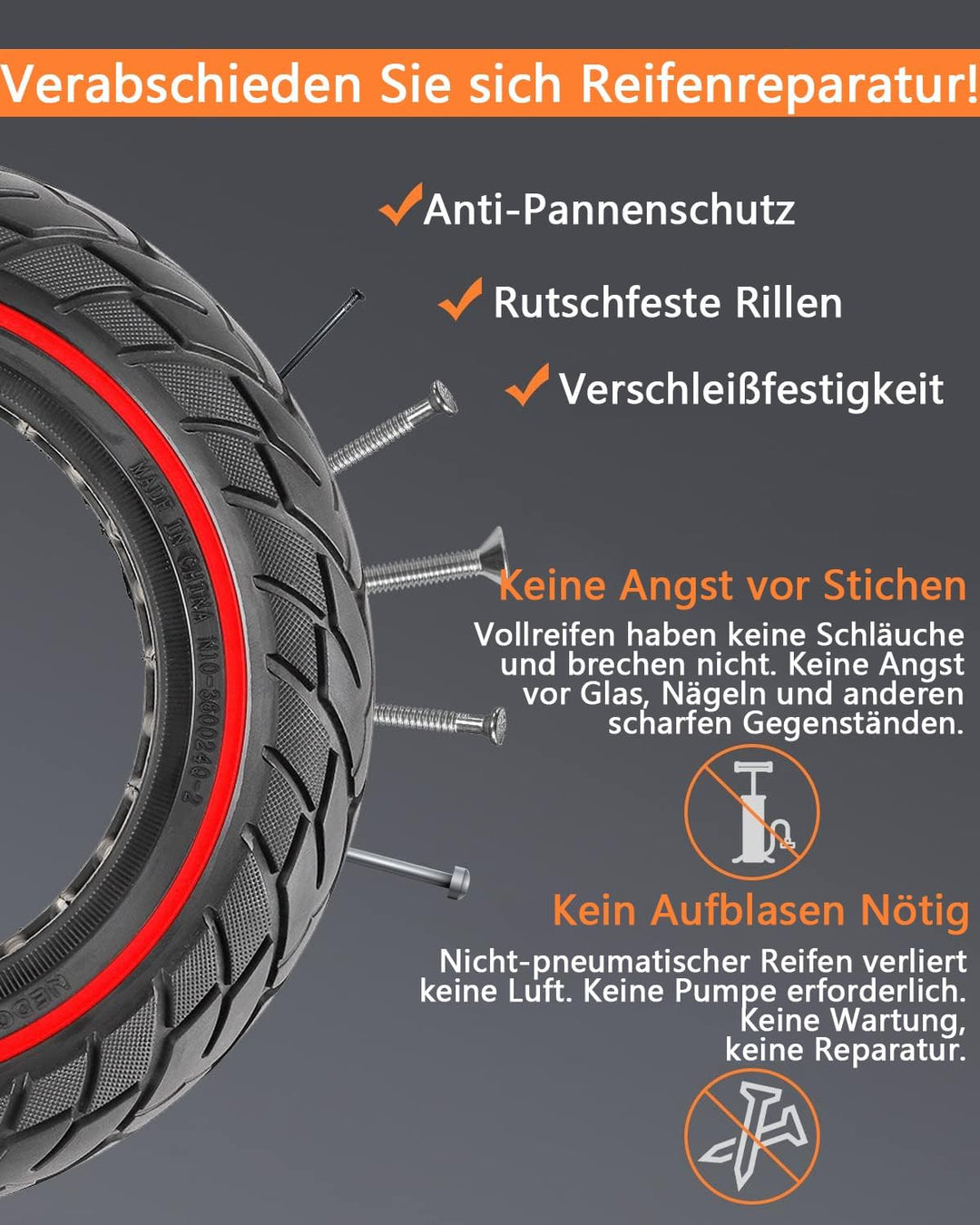 VOLOHAS 60/70-6,5 Vollgummireifen 10 * 2,5 Solide Reifen für Segway Ninebot Max G30 / G30E / G30LP E