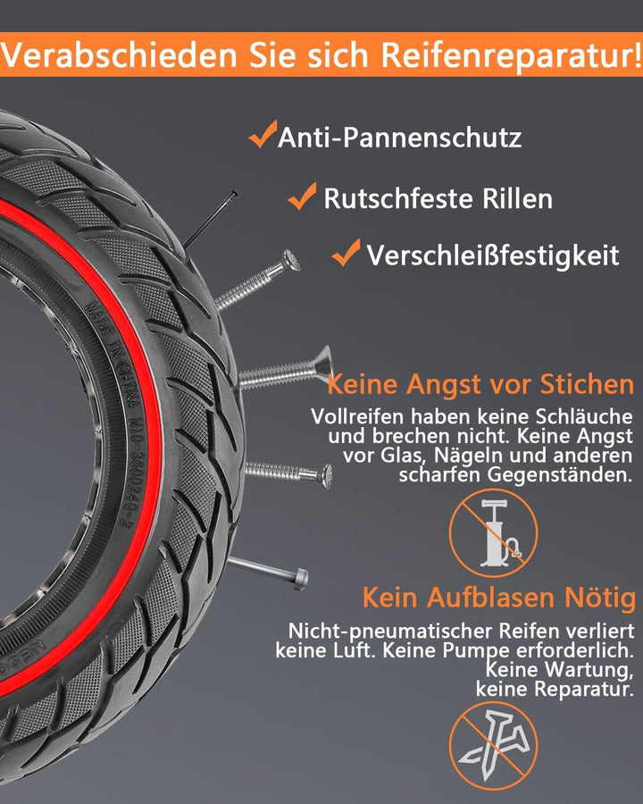 VOLOHAS 60/70-6,5 Vollgummireifen 10 * 2,5 Solide Reifen für Segway Ninebot Max G30 / G30E / G30LP E