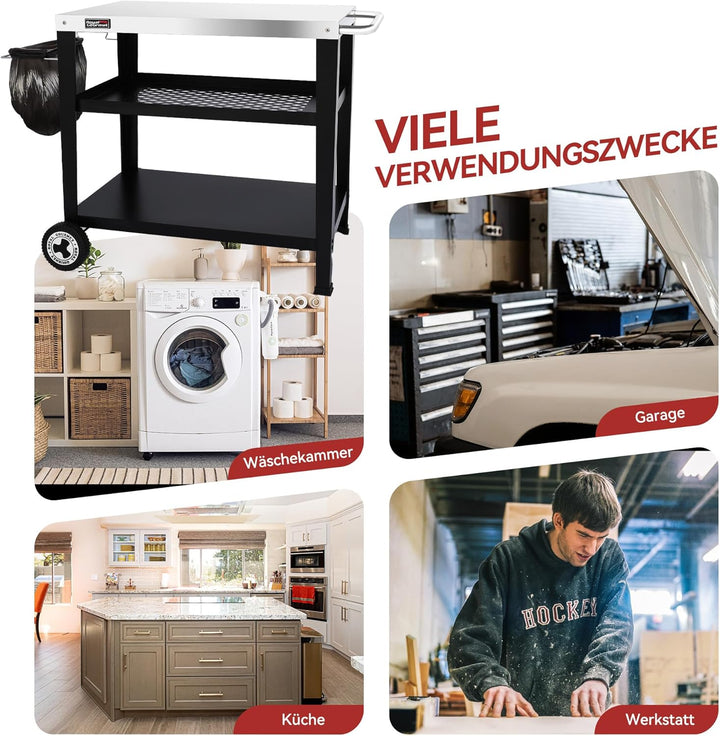Royal Gourmet Servierwagen 3-Etagen mit Müllsackhalter Küchenwagen Edelstahl Beistelltisch Outdoor P