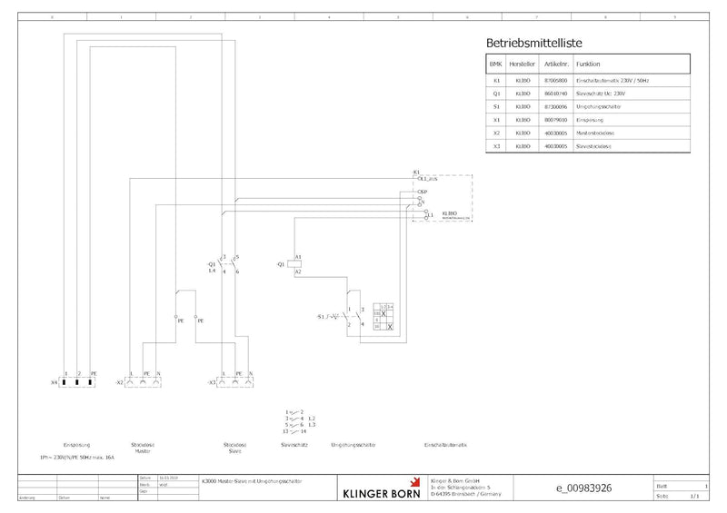 KlingerBorn Einschaltautomatik 1Ph-230V, mit Kragenstecker, mit Wahlschalter Hand-Aus-Auto, festen V