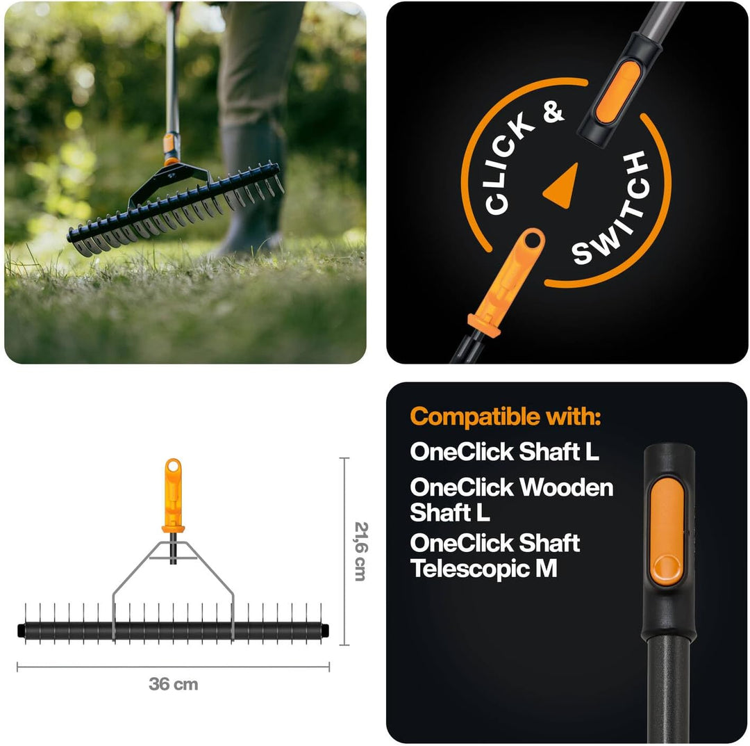Fiskars OneClick Rasenlüfter, Rechen-Aufsatz zum Entfernen von Moos und Rasenfilz, Müheloses Wechsel
